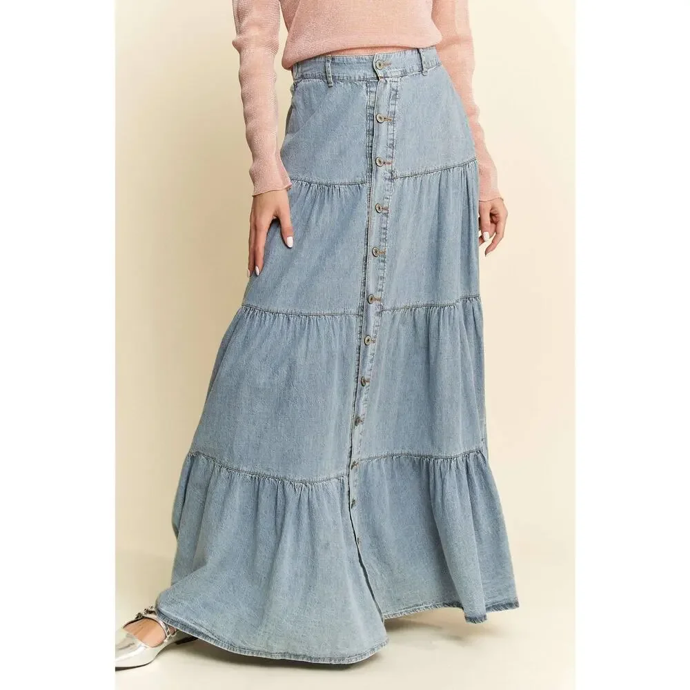 Denim Button-Front Ruffle Hem Maxi Skirt - Picture 2 of 9